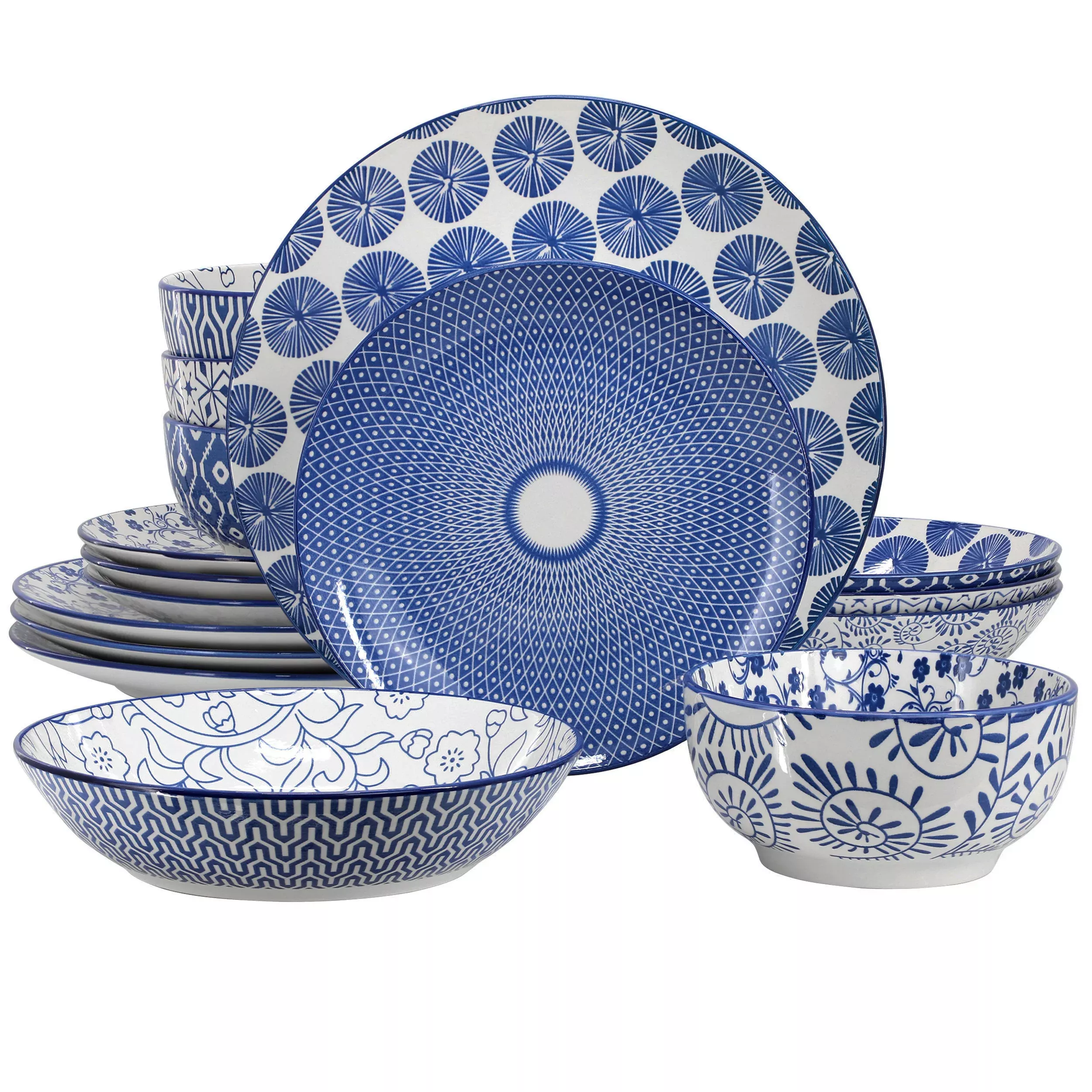 ElamaAurora 16 Piece Assorted Porcelain Double Bowl Dinnerware Set in Blue