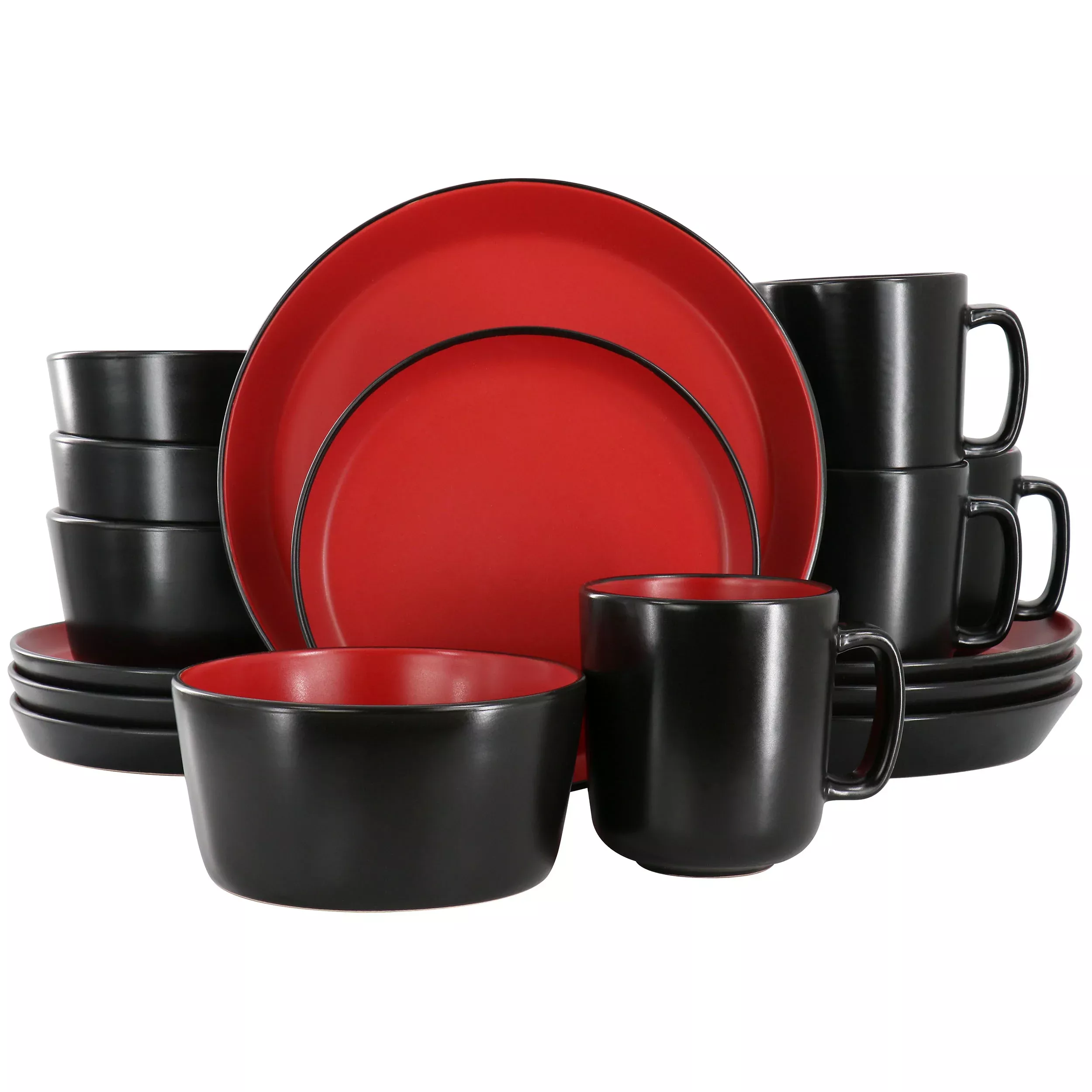 ElamaBacarra 16 Piece Stoneware Dinnerware Set in Two Tone Black and Red