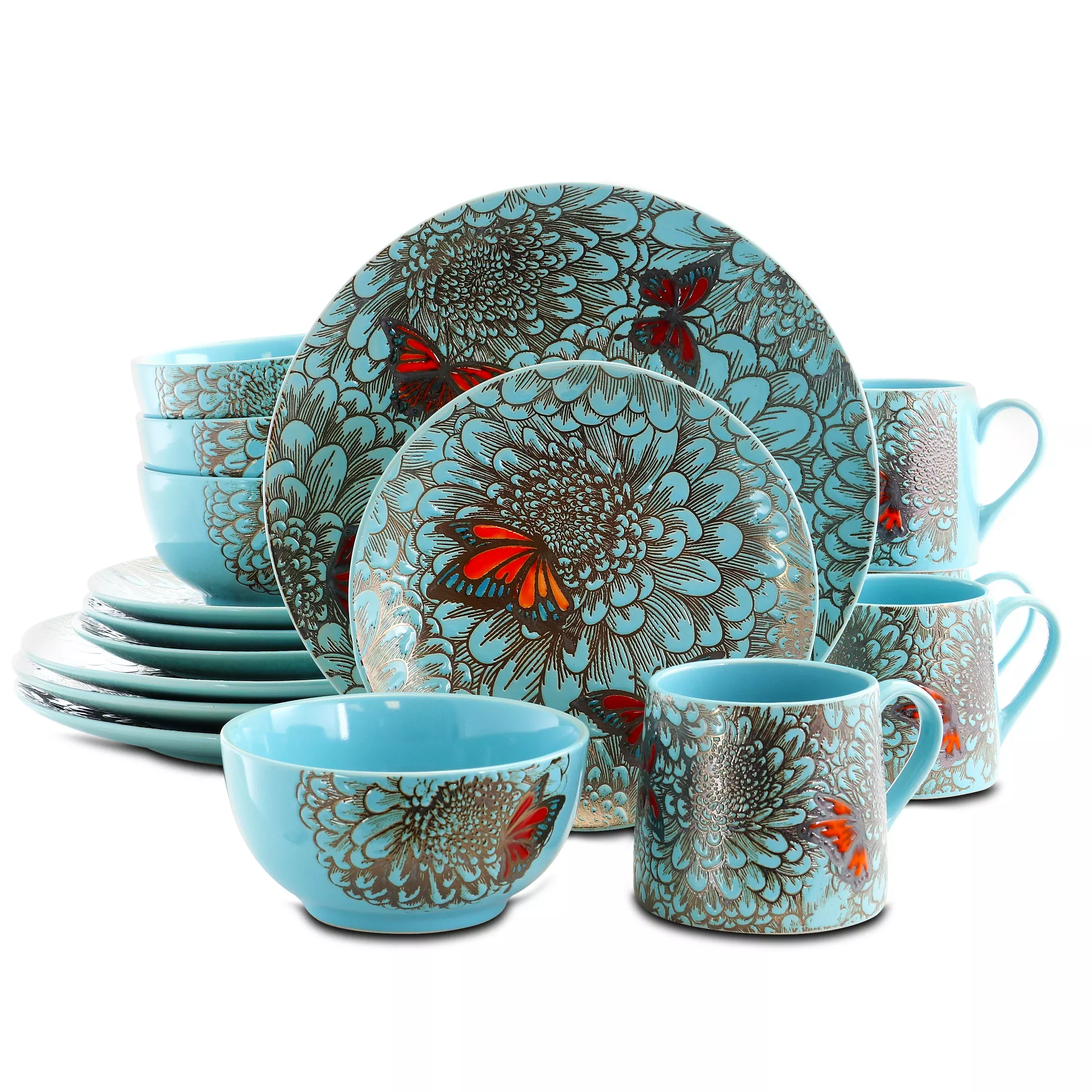 ElamaButterfly Garden 16 Piece Stoneware Dinnerware Set