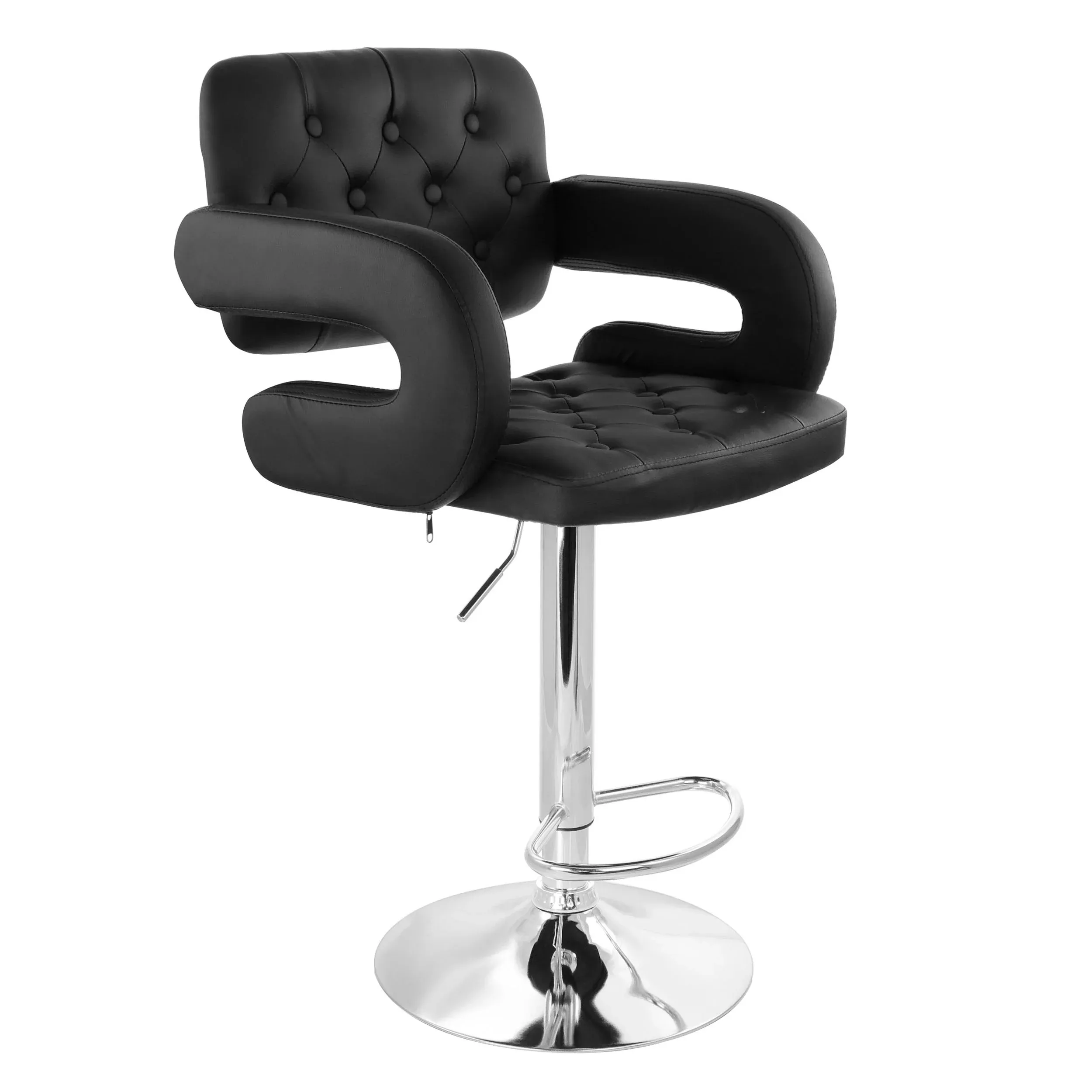 ElamaFaux Leather Tufted Bar Stool in Black with Chrome Base and Adjustable Height
