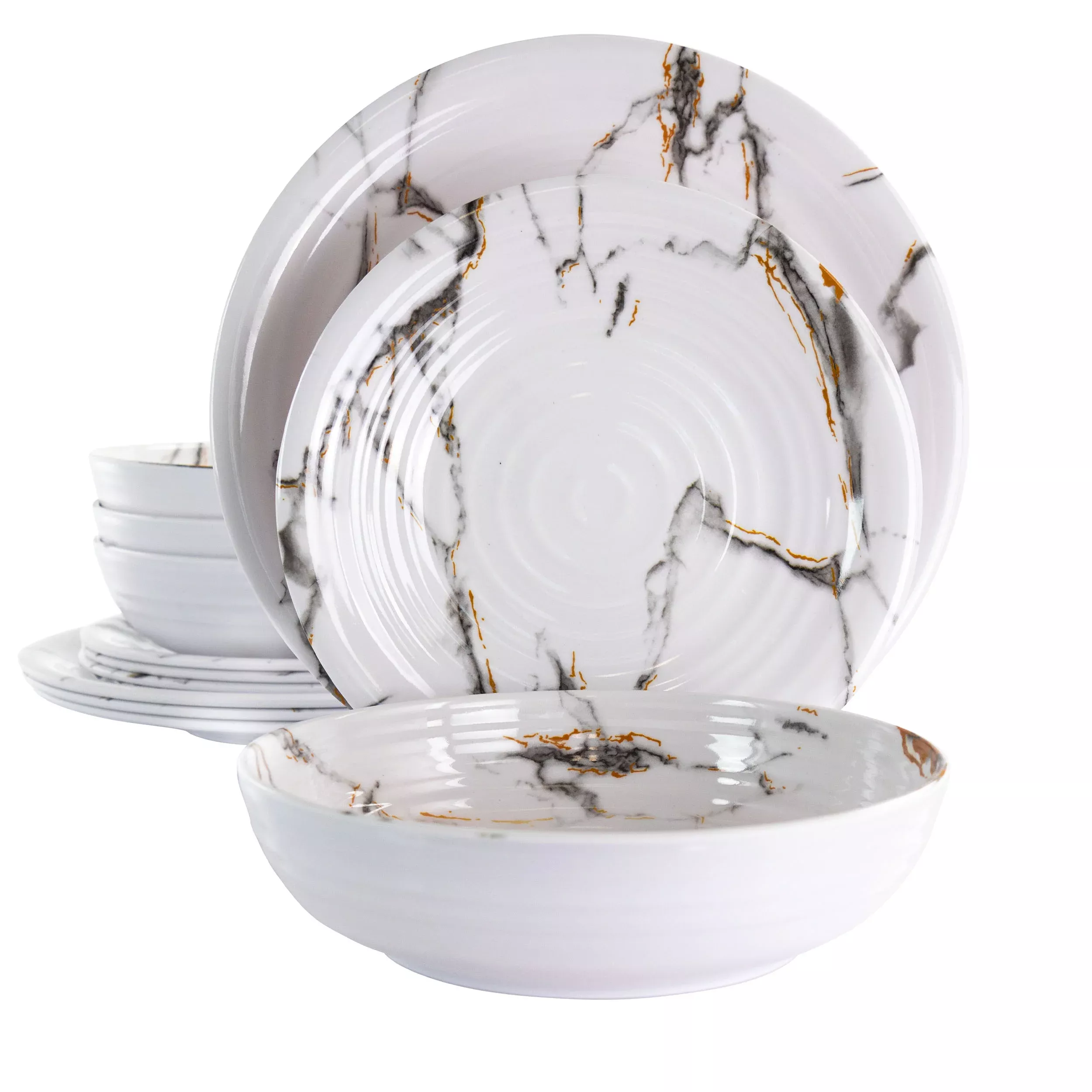 ElamaFine Sculpture 12 Piece Lightweight Melamine Dinnerware Set in White