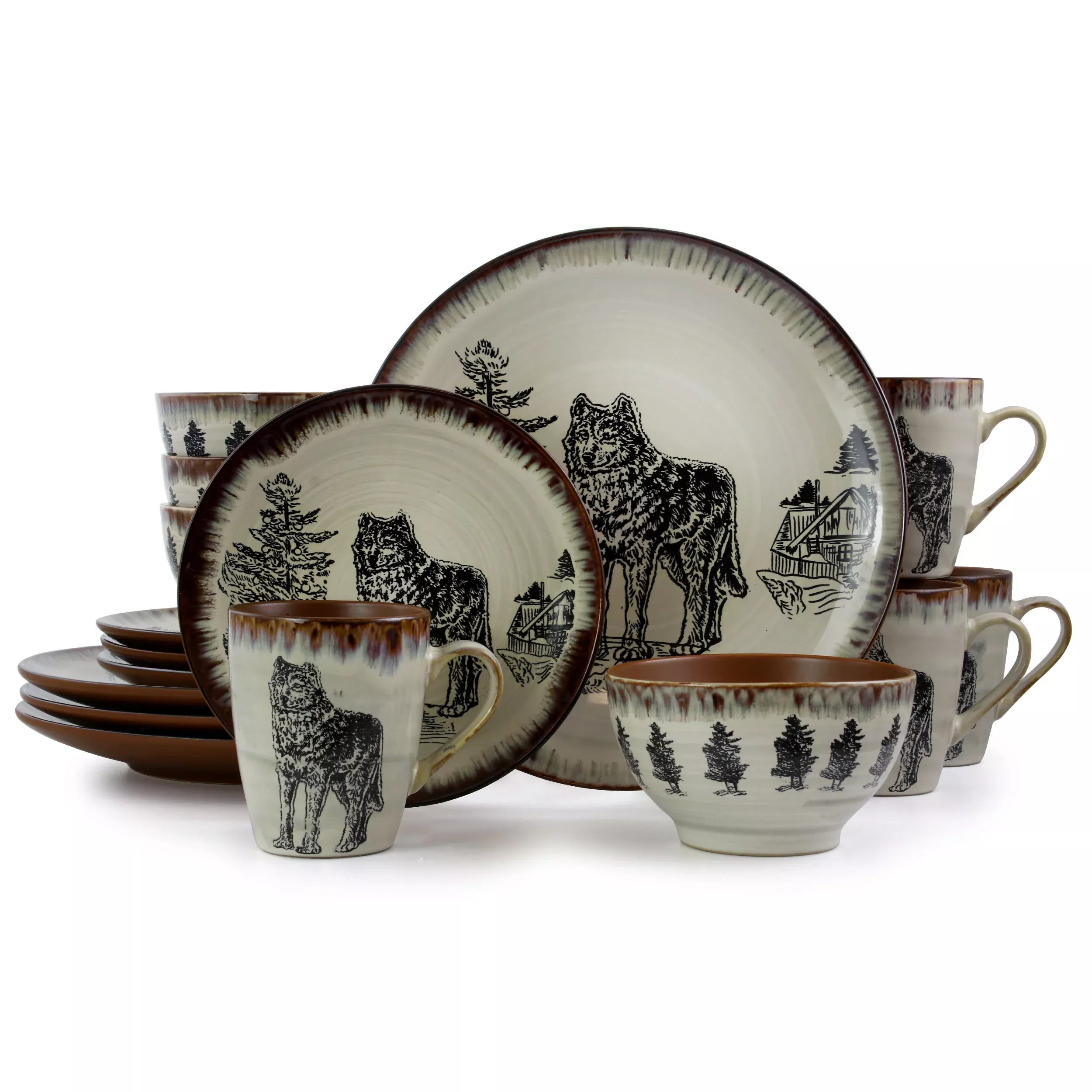 ElamaMajestic Wolf 16 Piece Luxurious Stoneware Dinnerware with Complete Setting for 4