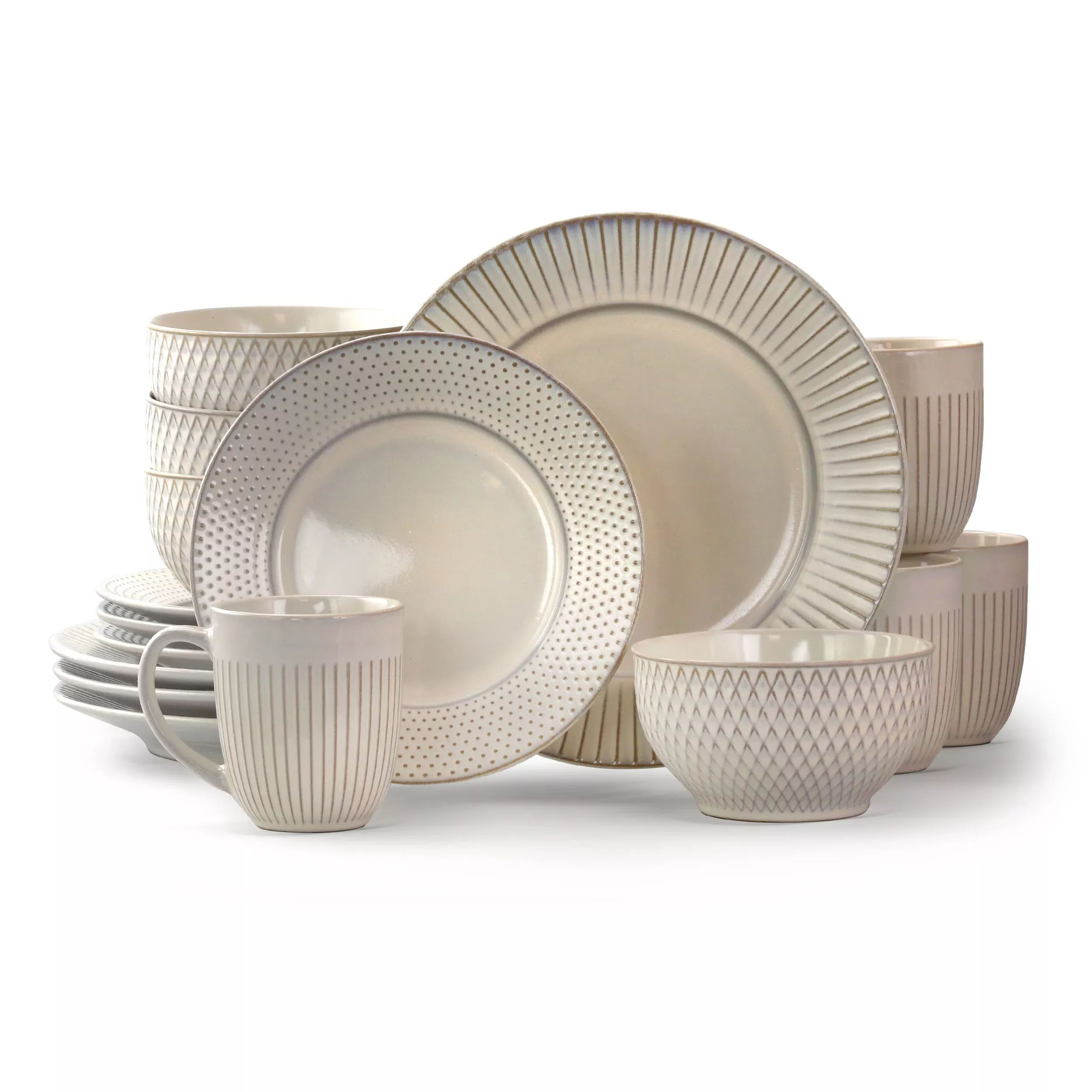 ElamaMarket Finds 16 Piece Round Stoneware Dinnerware Set in Embossed White