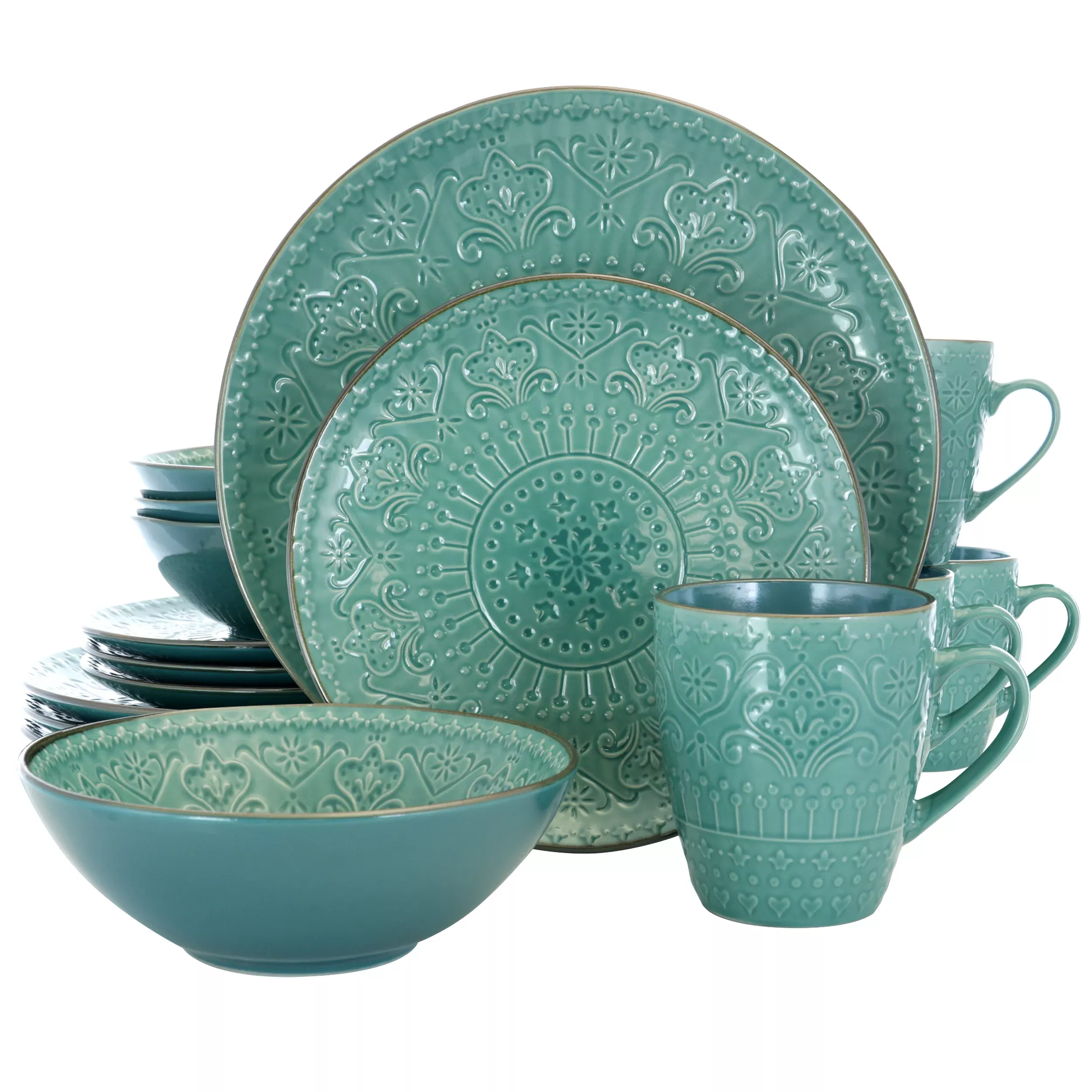 ElamaSea Foam Mozaic 16 Piece Luxurious Stoneware Dinnerware with Complete Setting for 4