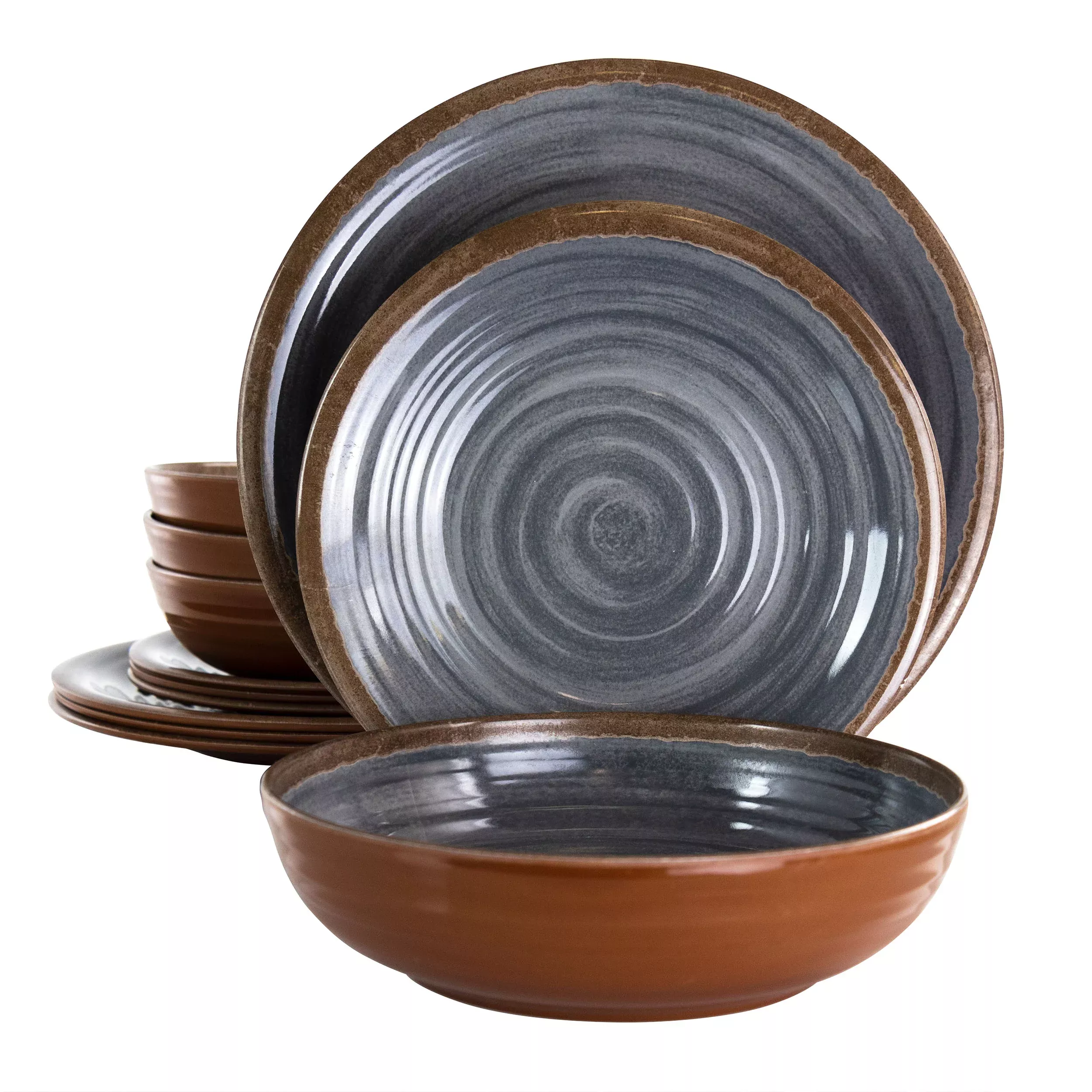 ElamaStone Oak 12 Piece Lightweight Melamine Dinnerware Set in Black
