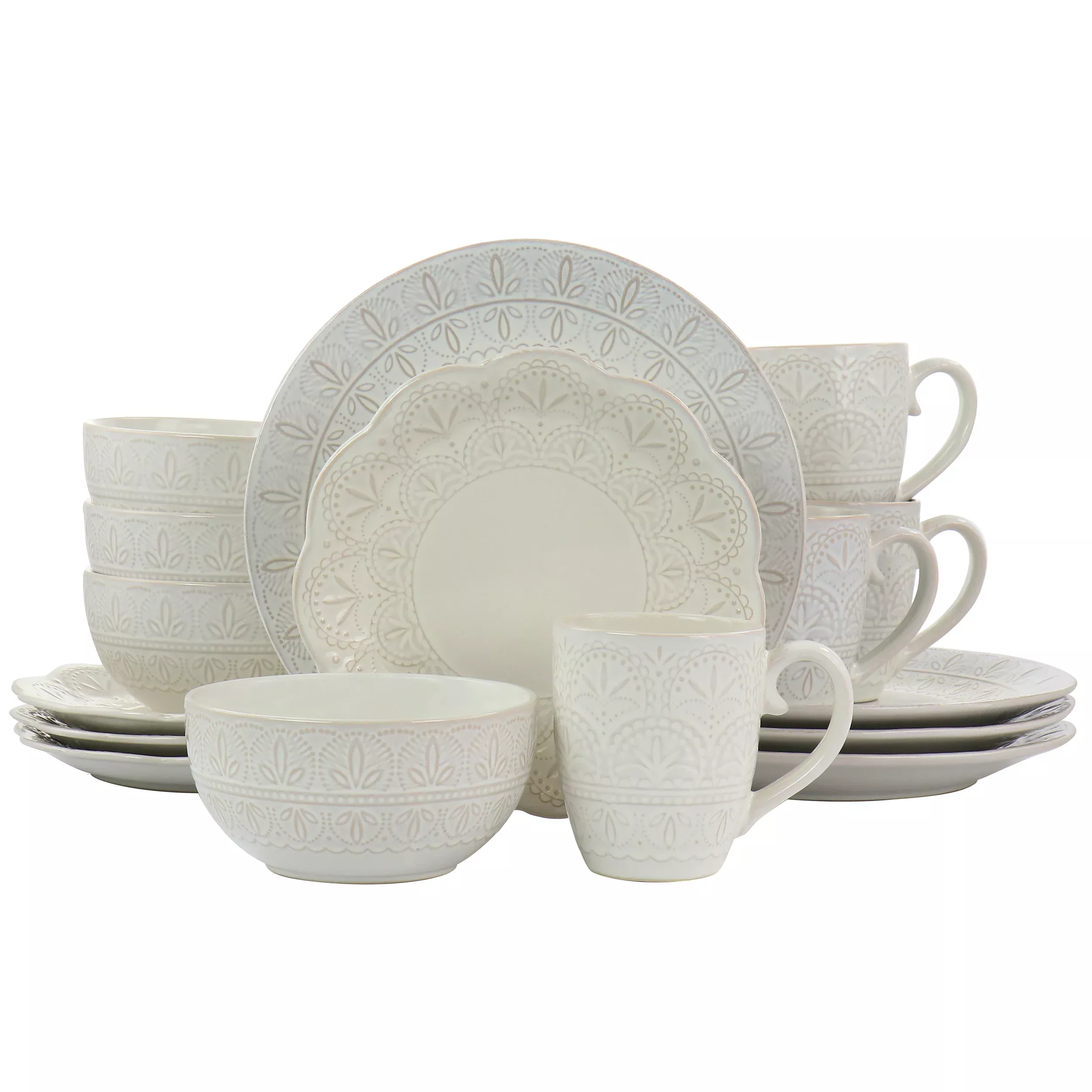 ElamaWhite Lace 16 Piece Luxurious Stoneware Dinnerware with Complete Setting for 4