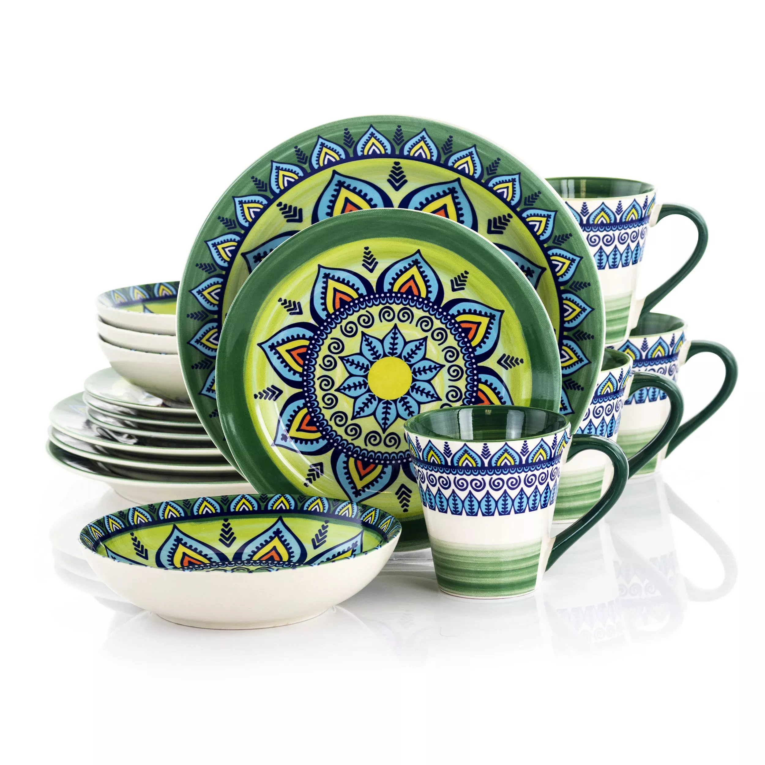 ElamaZen Green Mozaik 16 Piece Luxurious Stoneware Dinnerware with Complete Setting for 4, 16pc