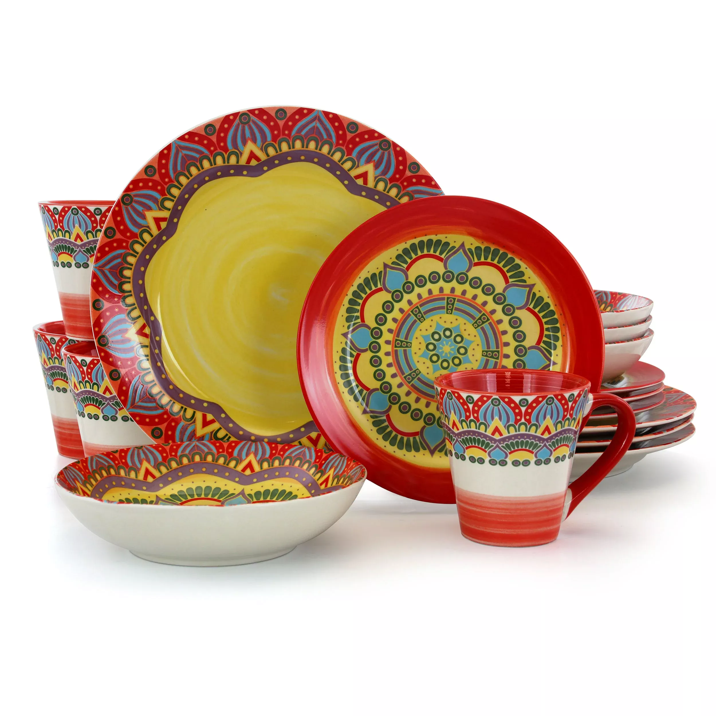 ElamaZen Red Mozaik 16 Piece Luxurious Stoneware Dinnerware with Complete Setting for 4, 16pc