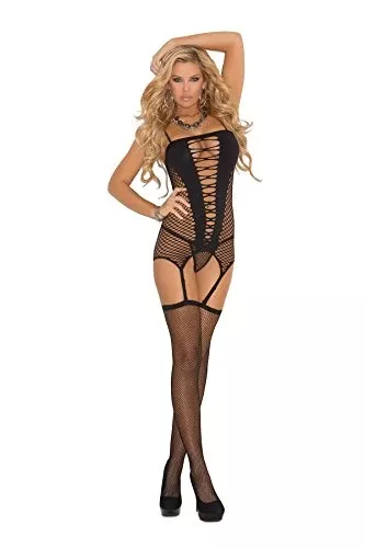 Elegant Moments Sexy Seamless Diamond Net Camisette, G-String & Stockings (One Size,Black)
