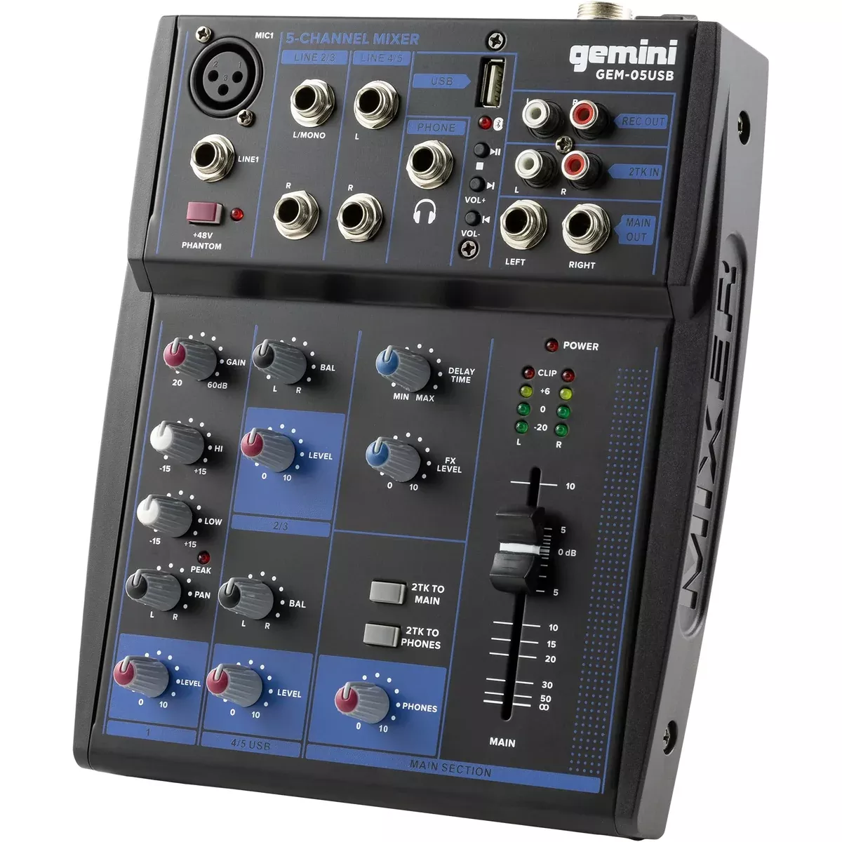 Gemini 5-Channel Bluetooth Audio Mixer – USB, FX, Phantom Power – Compact DJ & Studio Mixer, Audio Interface for PC, Music, Karaoke & More (GEM-05USB)