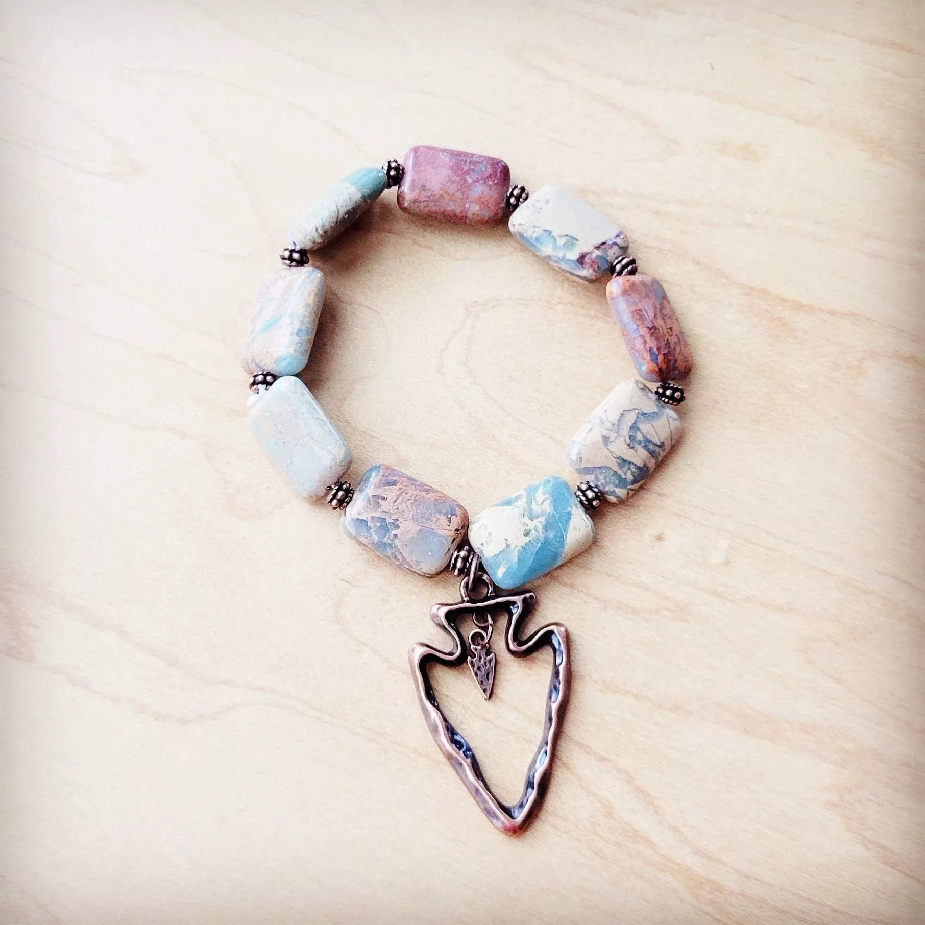 Genuine Aqua Terra Beaded Bracelet w / Copper Arrow 810v