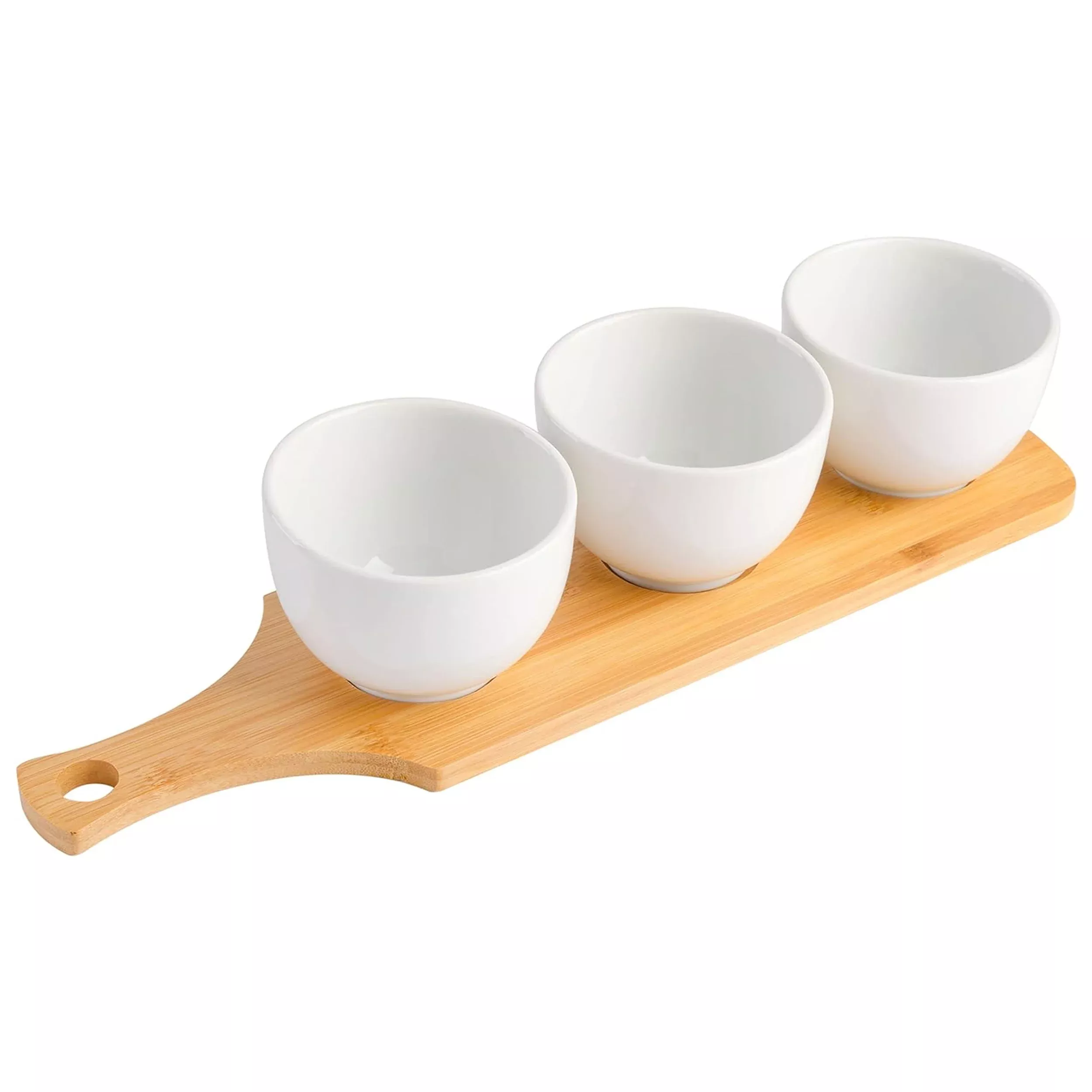 GibsonGracious Dining 3 Piece White Fine Ceramic Tidbit Bowl Set with Bamboo Serving Tray