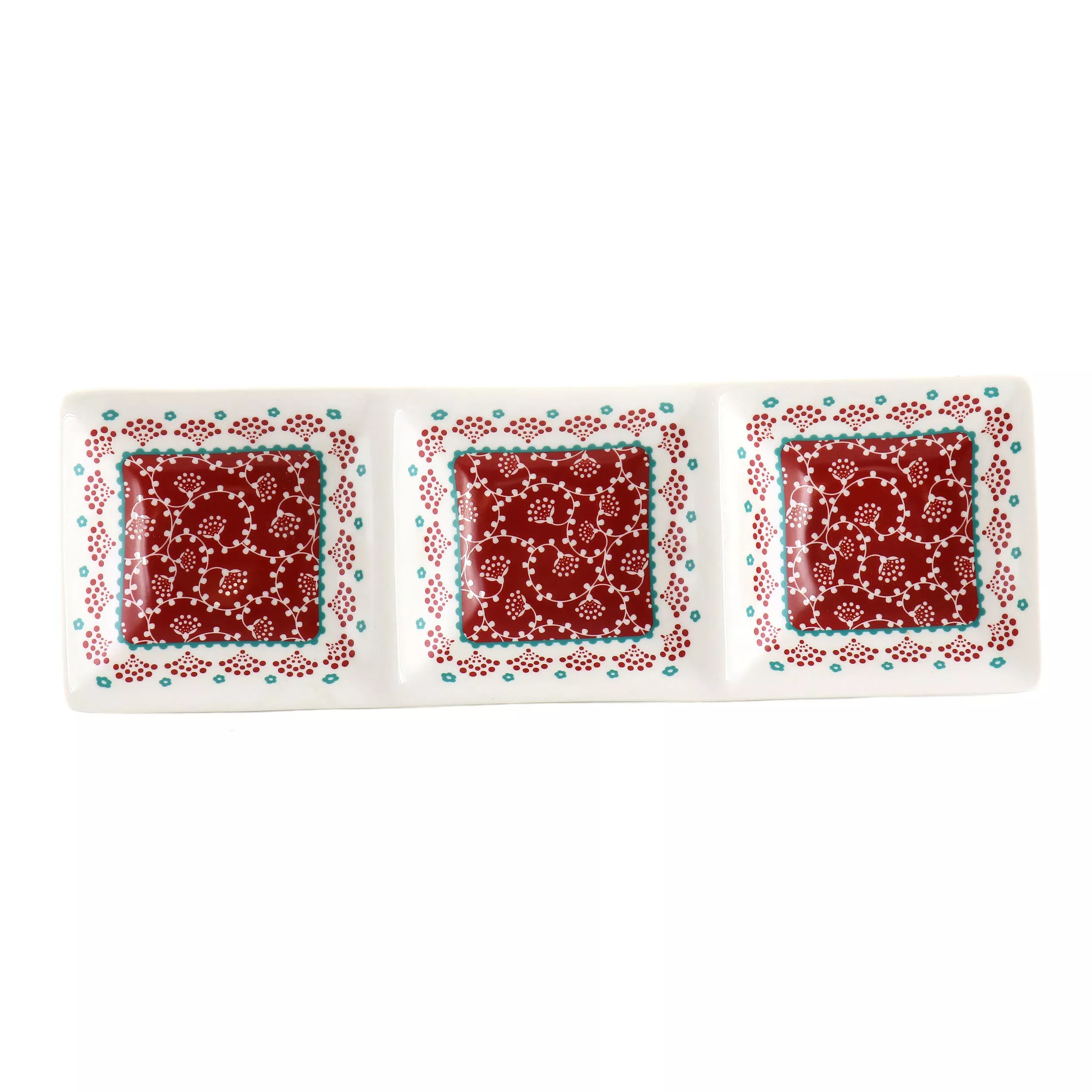 GibsonHome Village Vines 13.5 Inch Ceramic Rectangular 3 Section Tray in Red