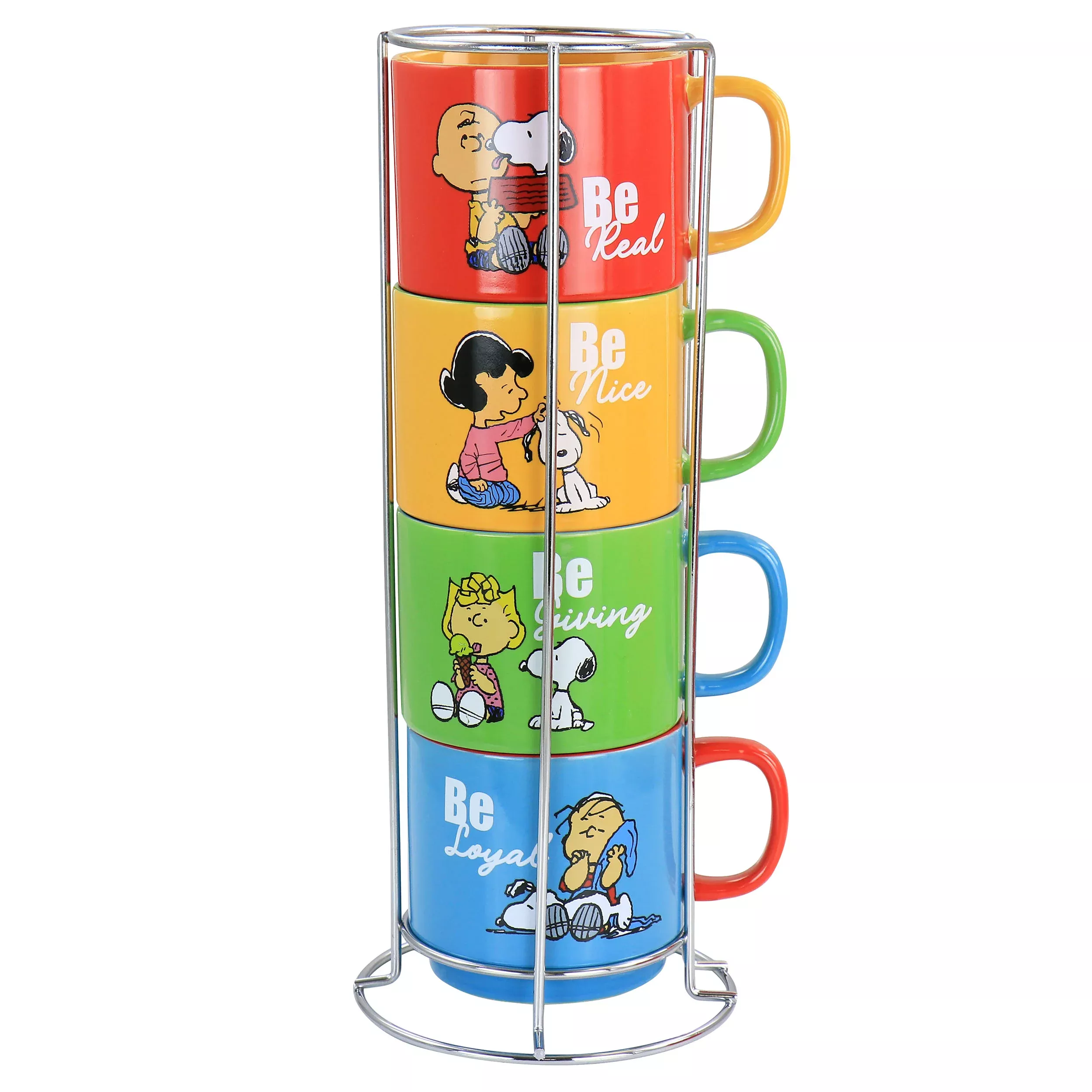 GibsonPeanuts Classic Gentle Reminders Collection 4 Piece Stoneware Stackable Mug Set with Metal Stand in Assorted Colors