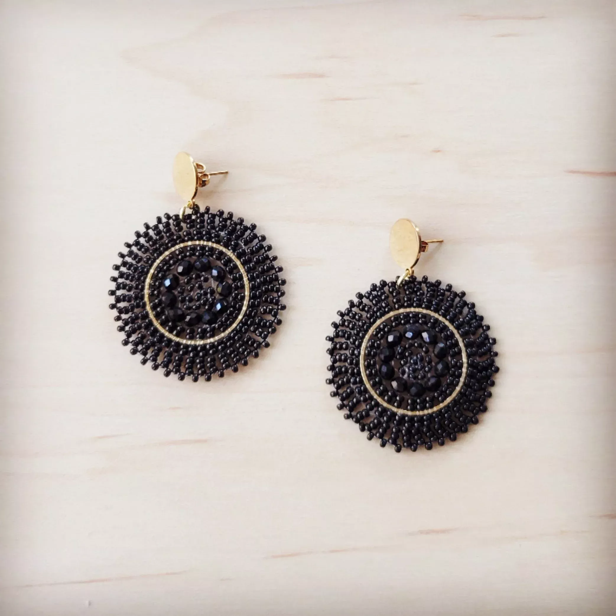 **Gold & Ebony Beaded Medallion Dangle Earrings 219ci
