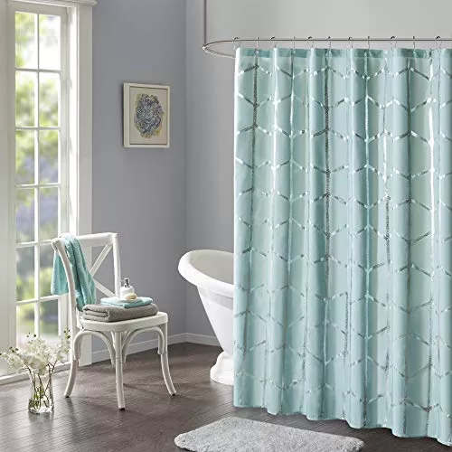 Intelligent Design Raina Shower Curtain Printed Geometric Metallic Machine Washable Modern Home Bathroom Decorations, 72 in x 72 in, Aqua