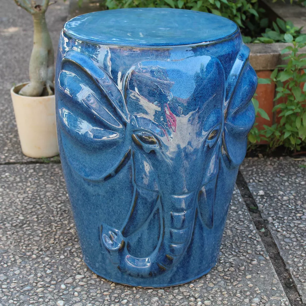 International Caravan Furniture Piece Wild Elephant Drum Ceramic Garden Stool, Navy Blue