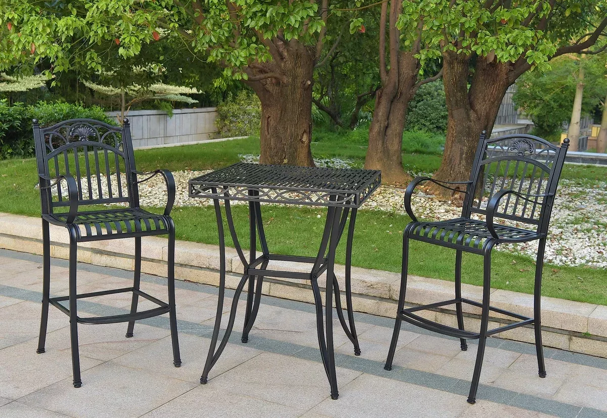 International Caravan Segovia Iron Set of Three Bar Bistro Group - Antique Black