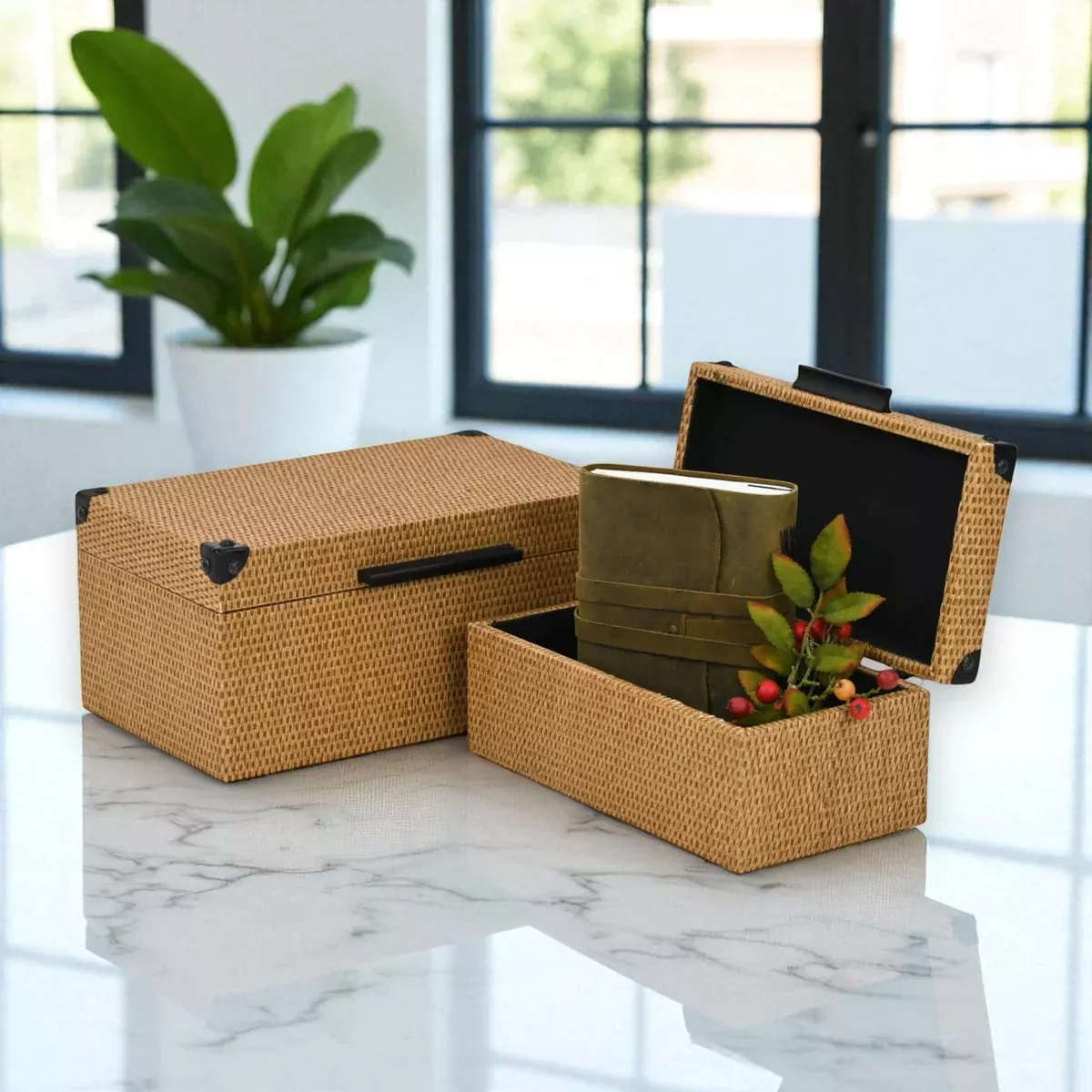 Iseult Set of 2 Decorative Nesting Rectangular Storage Boxes - Rattan Pattern - Dark Brown with Black Handles - For Organization, Trinkets, Keepsakes - By Cheungs