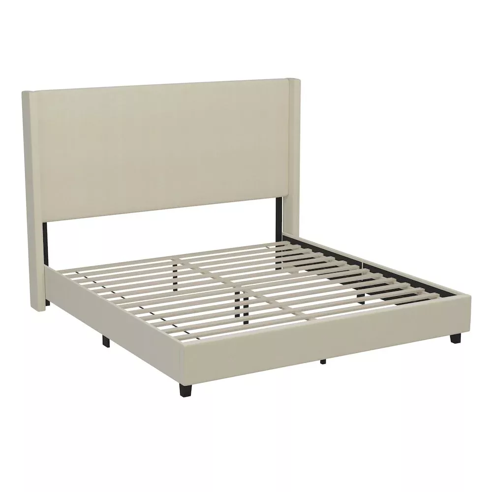King Upholstered Platform Bed with Channel Stitched Wingback Headboard, Beige - Flash Furniture