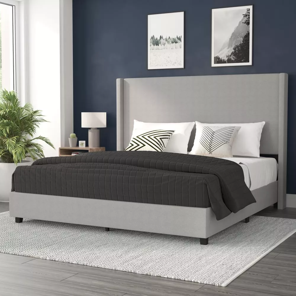 King Upholstered Platform Bed with Channel Stitched Wingback Headboard, Gray - Flash Furniture