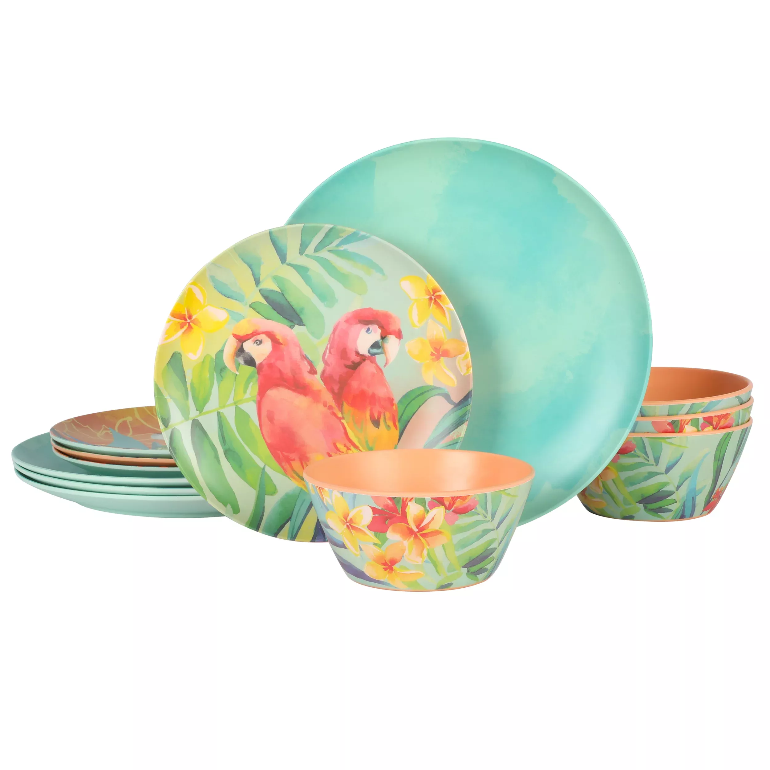 Laurie GatesTropical Parrots 12 Piece Melamine Dinnerware Set in Assorted Designs