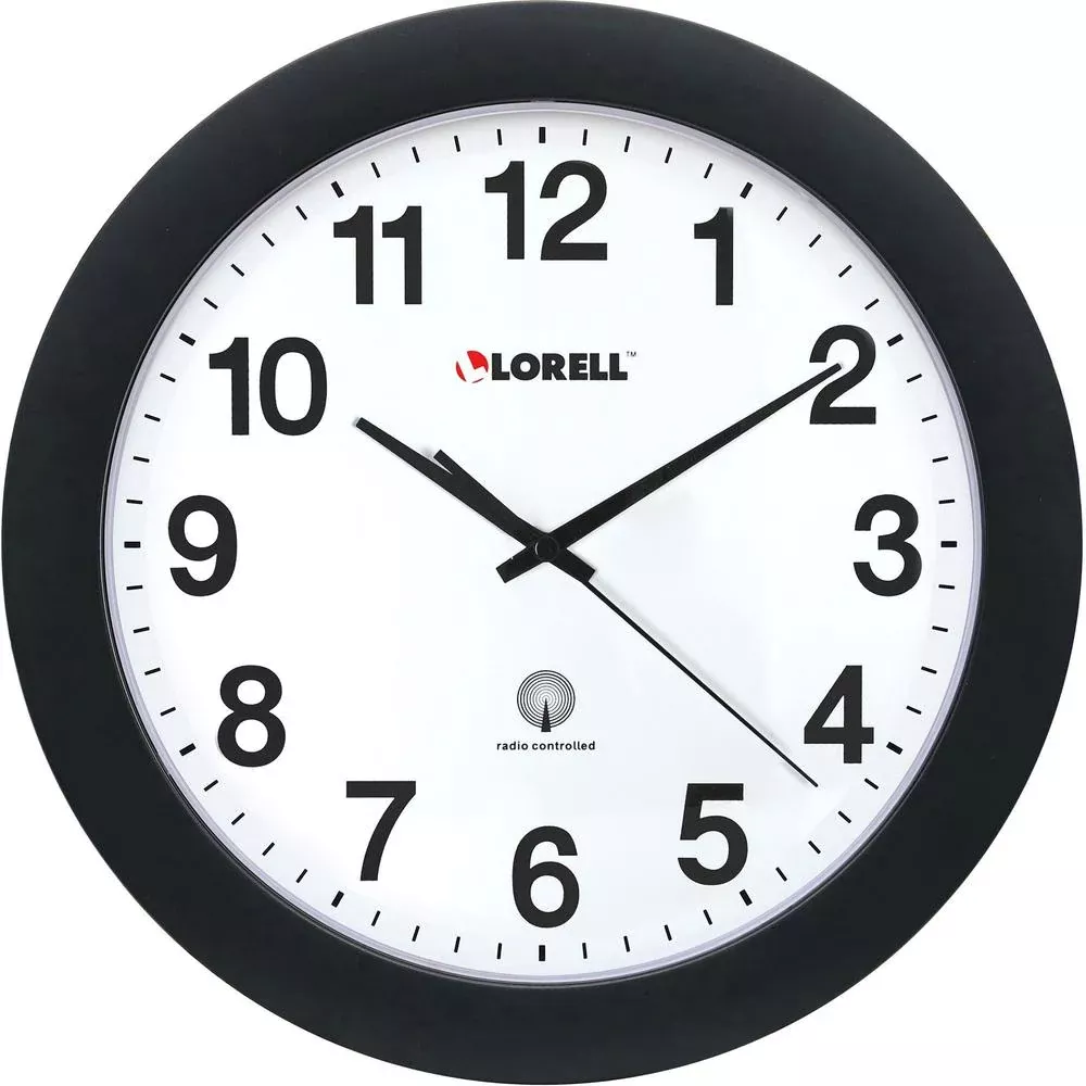 Lorell 12'' Round Radio-Controlled Wall Clock - Analog - Quartz - White Main Dial - Black/Plastic Case