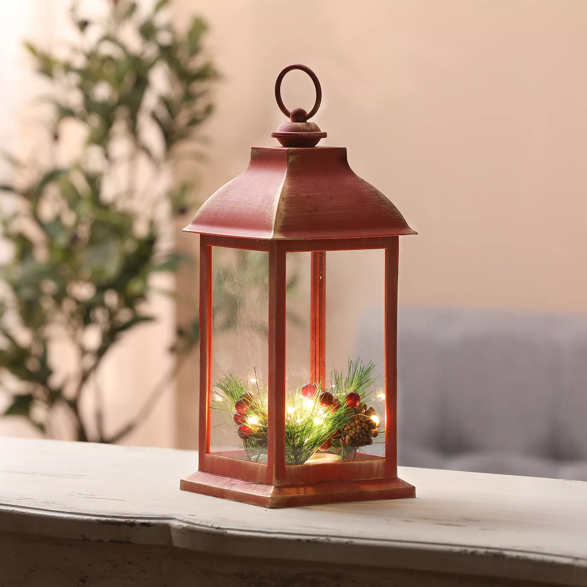 Luxen Home LuxenHome Lighted Holiday Berry and Pine Cone Rustic Red Lantern