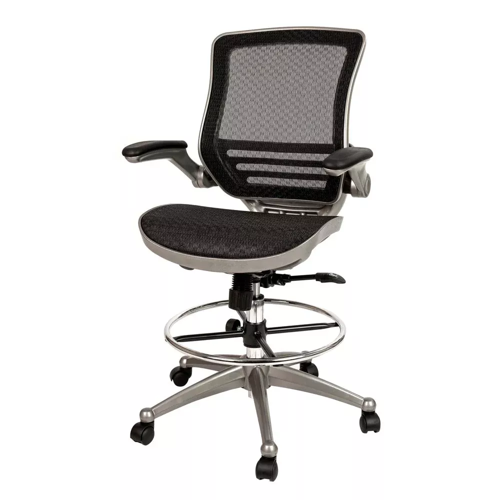 Mid-Back Black Mesh Drafting Chair with Graphite Silver Frame and Flip-Up Arms - Flash Furniture