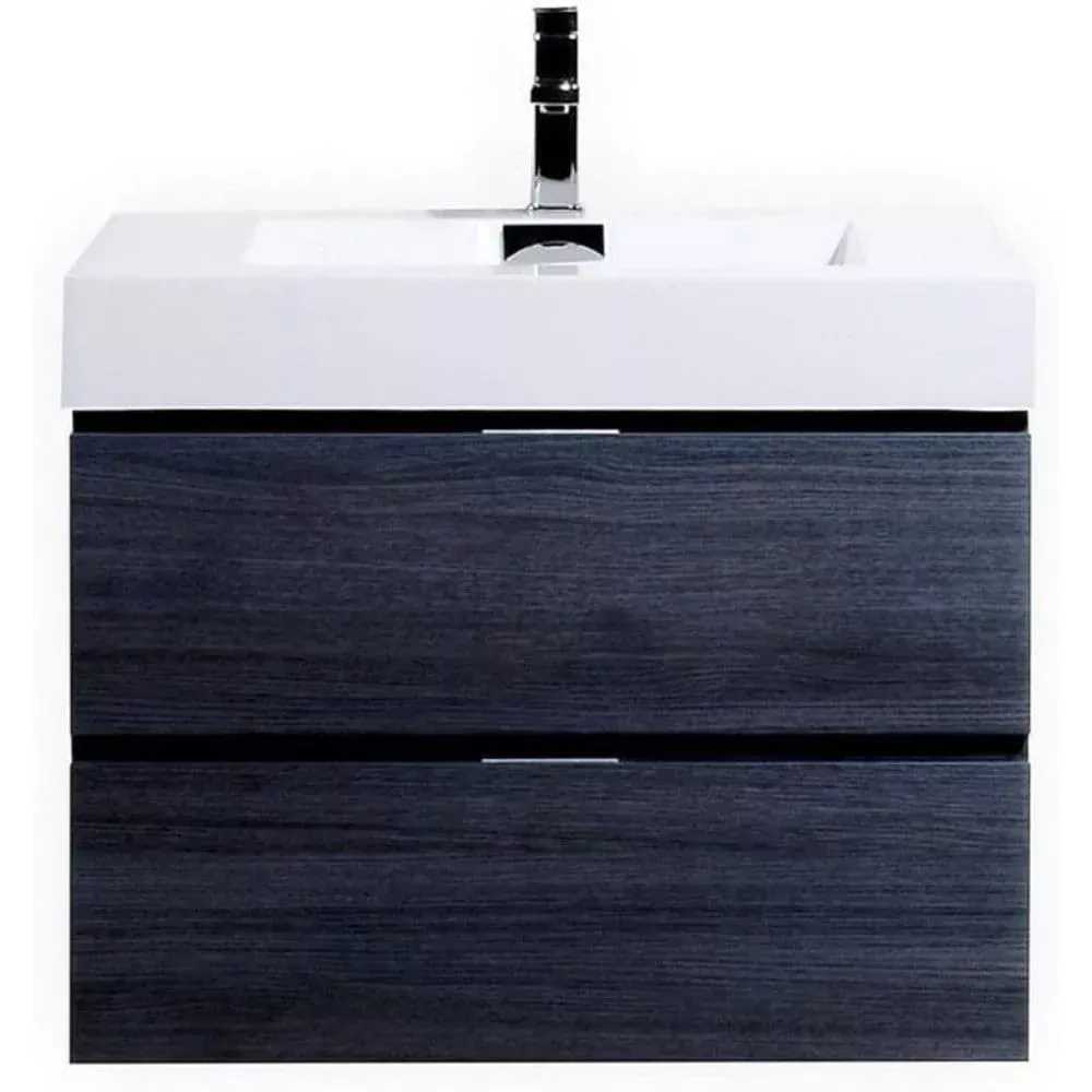 Oakestry Bliss 30 Inch Wall Mounted Bathroom Vanity Gray Oak Finish Modern Floating Cabinet with Integrated Ceramic Sink and Soft Close Door for Medium Size Bathrooms