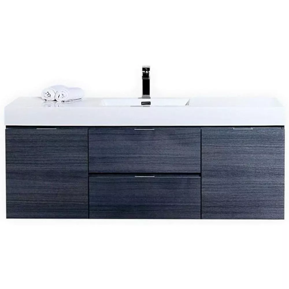Oakestry Bliss 60 Inch Wall Mounted Bathroom Vanity Gray Oak Finish Modern Floating Cabinet with Double Integrated Ceramic Sinks and Soft Close Drawers for Large Bathrooms