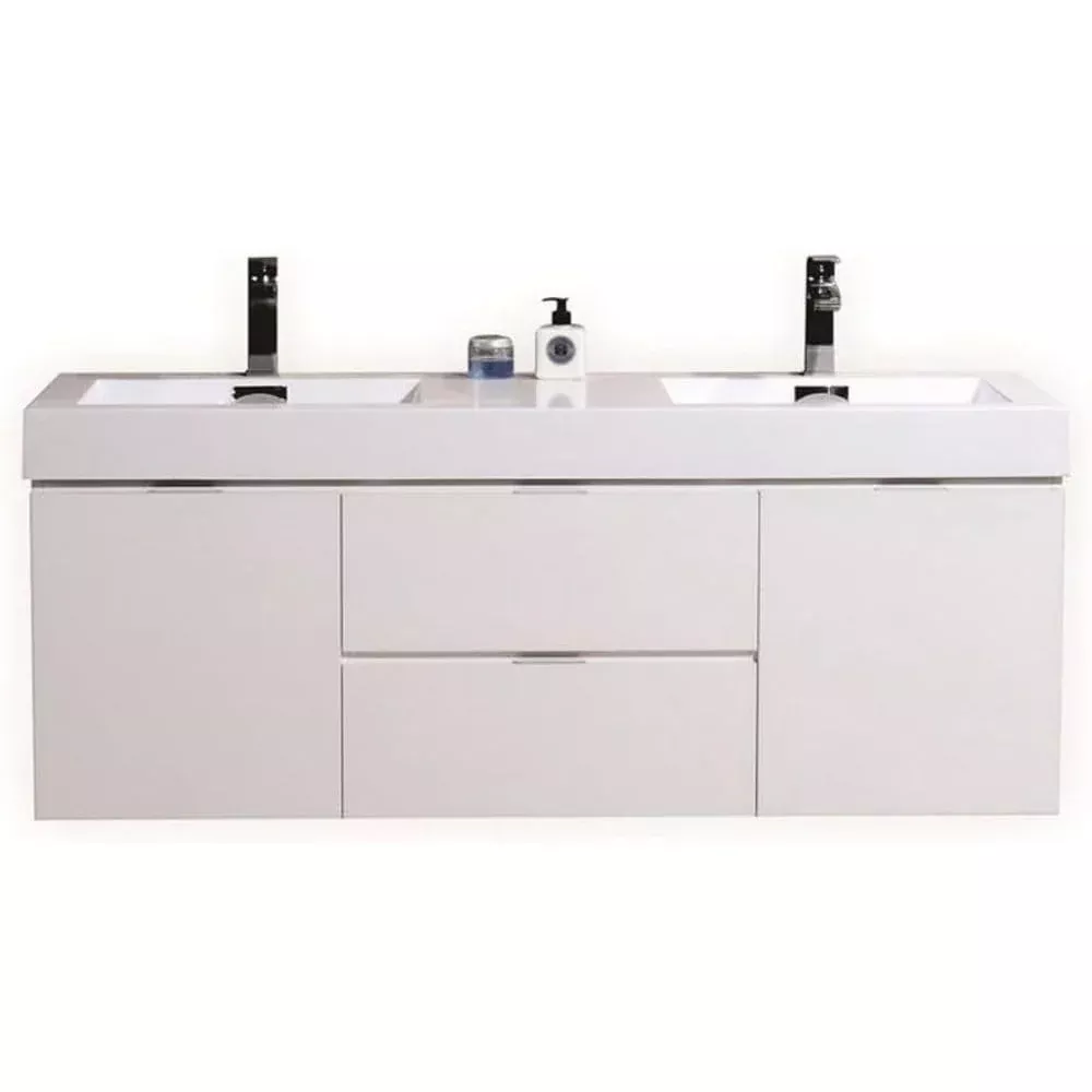 Oakestry Bliss 60 Inch Wall Mounted Bathroom Vanity High Gloss White Finish Modern Floating Cabinet with Integrated Single Ceramic Sink and Soft Close Drawers for Large Bathrooms