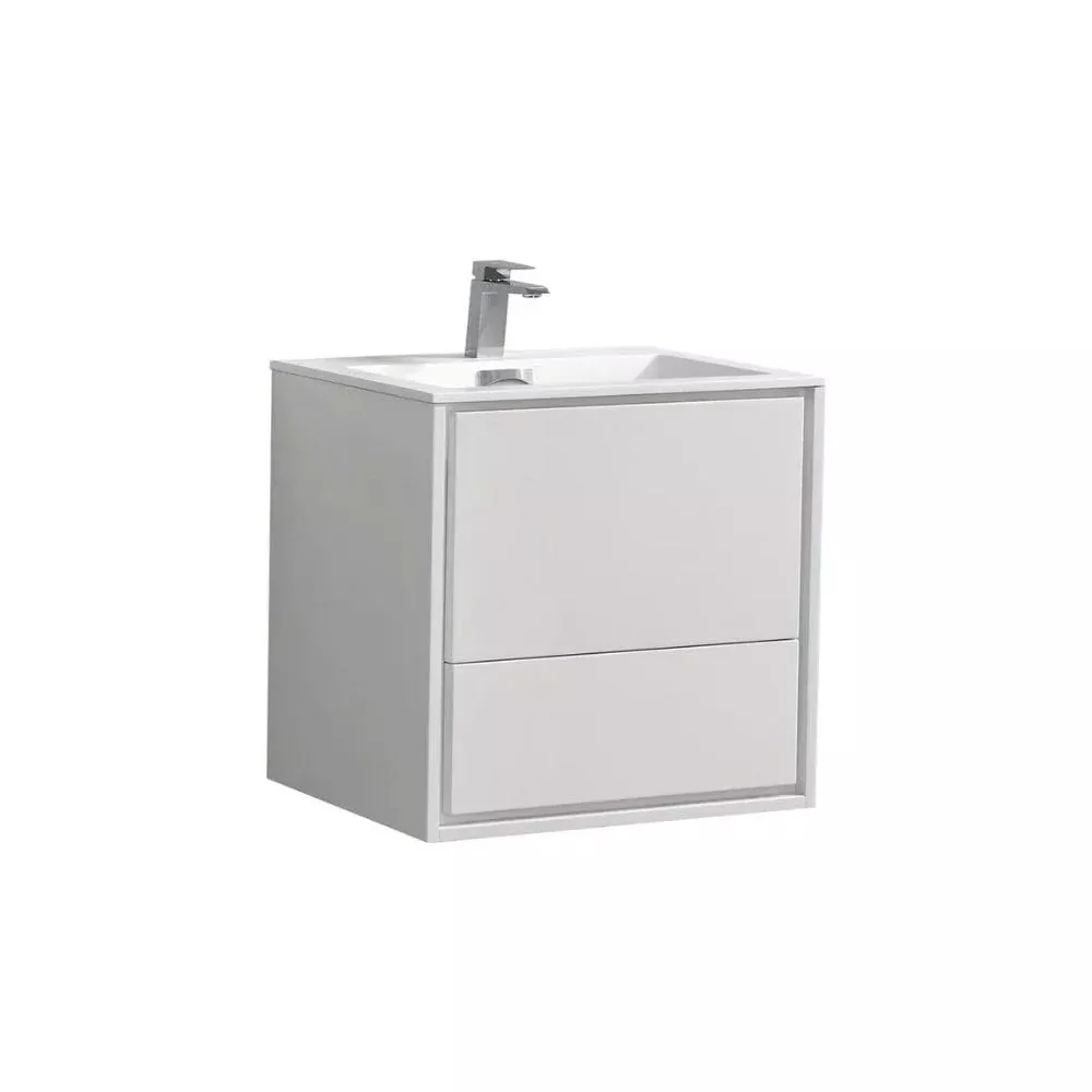 Oakestry Delusso 24 Inch High Gloss White Floating Wall Mount Modern Bathroom Vanity with Integrated Acrylic Sink and Soft?Close Drawer