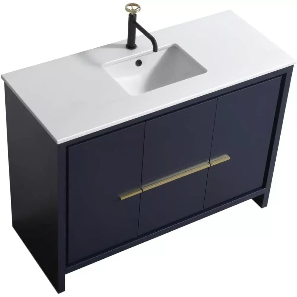 Oakestry Dolce 48 Inch Blue Freestanding Modern Bathroom Vanity with White Quartz Countertop Undermount Sink and Soft Close Drawer