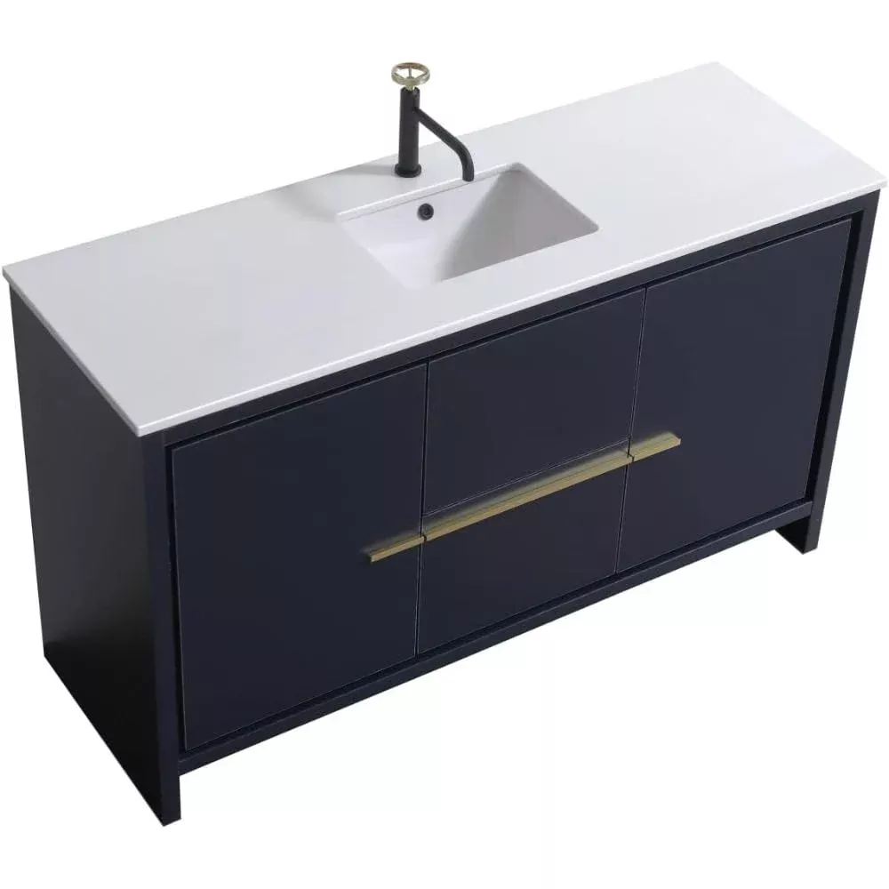 Oakestry Dolce 60 Inch Blue Freestanding Modern Bathroom Vanity with White Quartz Countertop Undermount Sink and Soft?Close Drawer