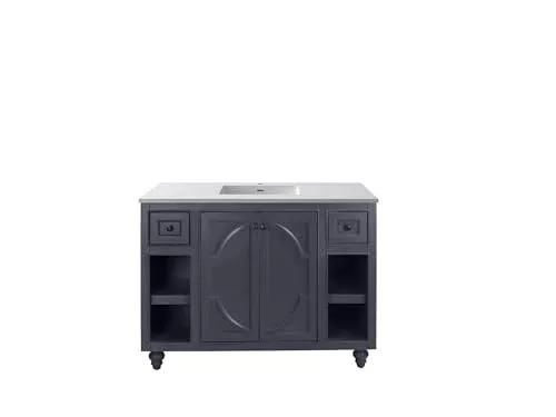 Oakestry Odyssey 48 Inch Maple Grey Bathroom Vanity Single Sink Matte White Viva Stone Solid Surface Countertop Freestanding Modern Storage Cabinet Soft Close Doors Luxury Washroom Furniture