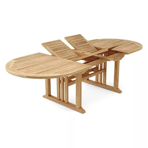 Oakestry Sahara 106-inch Oval Double Extension Table Solid Teak Wood Expandable Outdoor Dining Table Weather Resistant Patio Garden Furniture for Backyard Deck and Alfresco Dining Spaces