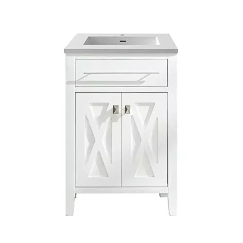 Oakestry Wimbledon 24" White Bathroom Vanity with Matte White Viva Stone Solid Surface Countertop, Integrated Sink, Soft Close Doors, Solid Oak Cabinet
