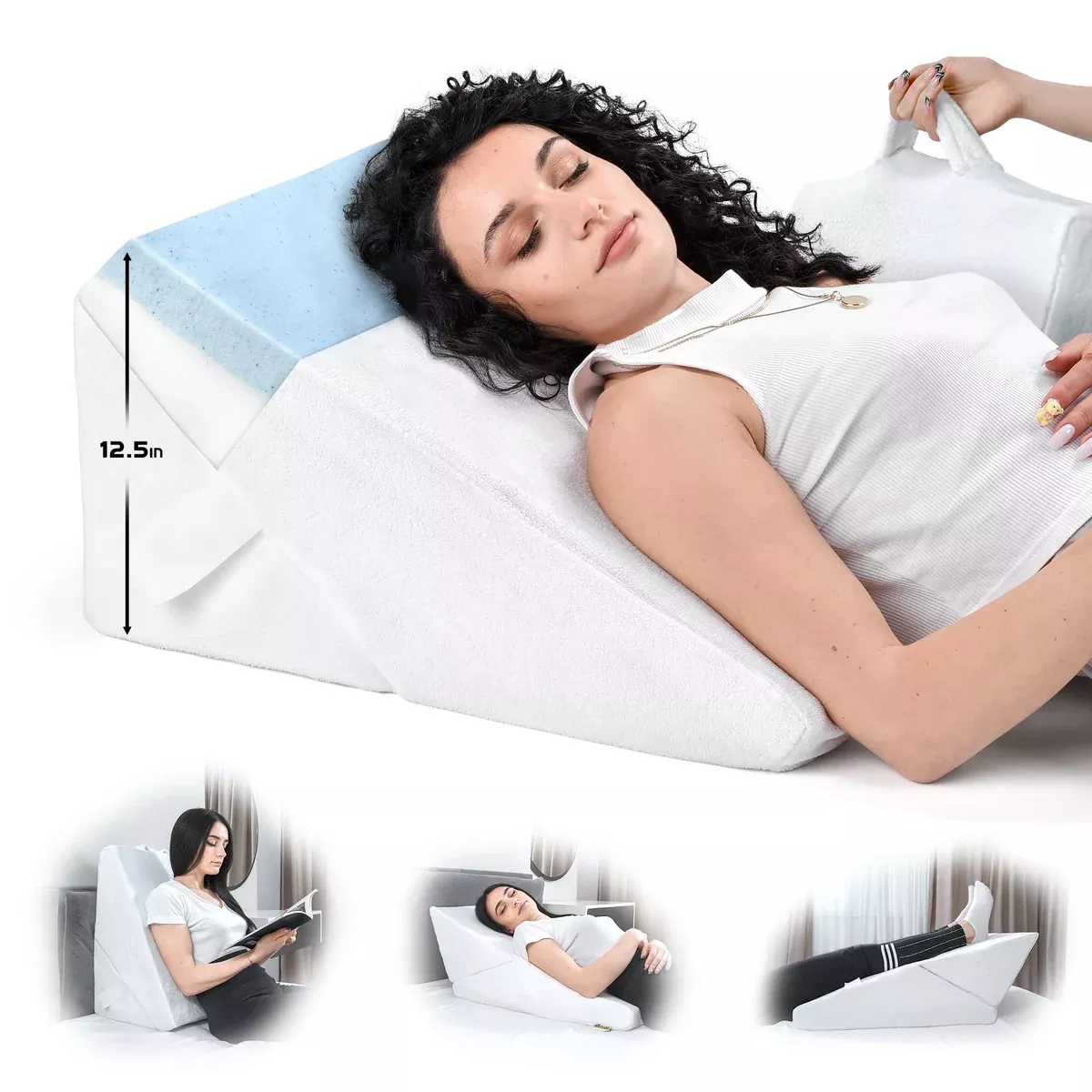 ONDEKT Bed Wedge Pillow – Multipurpose Adjustable Leg Support Pillow – Cooling Gel Memory Foam Top - Helps for Acid Reflux Heartburn, Allergies, Snoring - Machine Washable Cover with Handle (White)