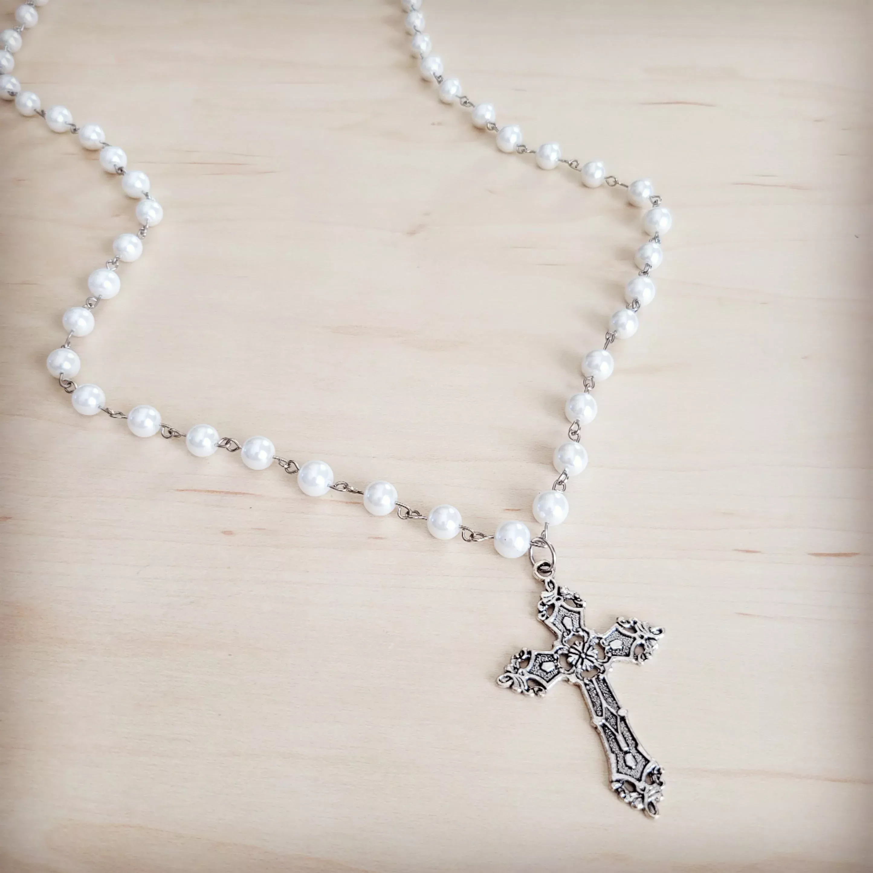 Pearl Long Beaded Necklace with Antique Silver Cross 262p