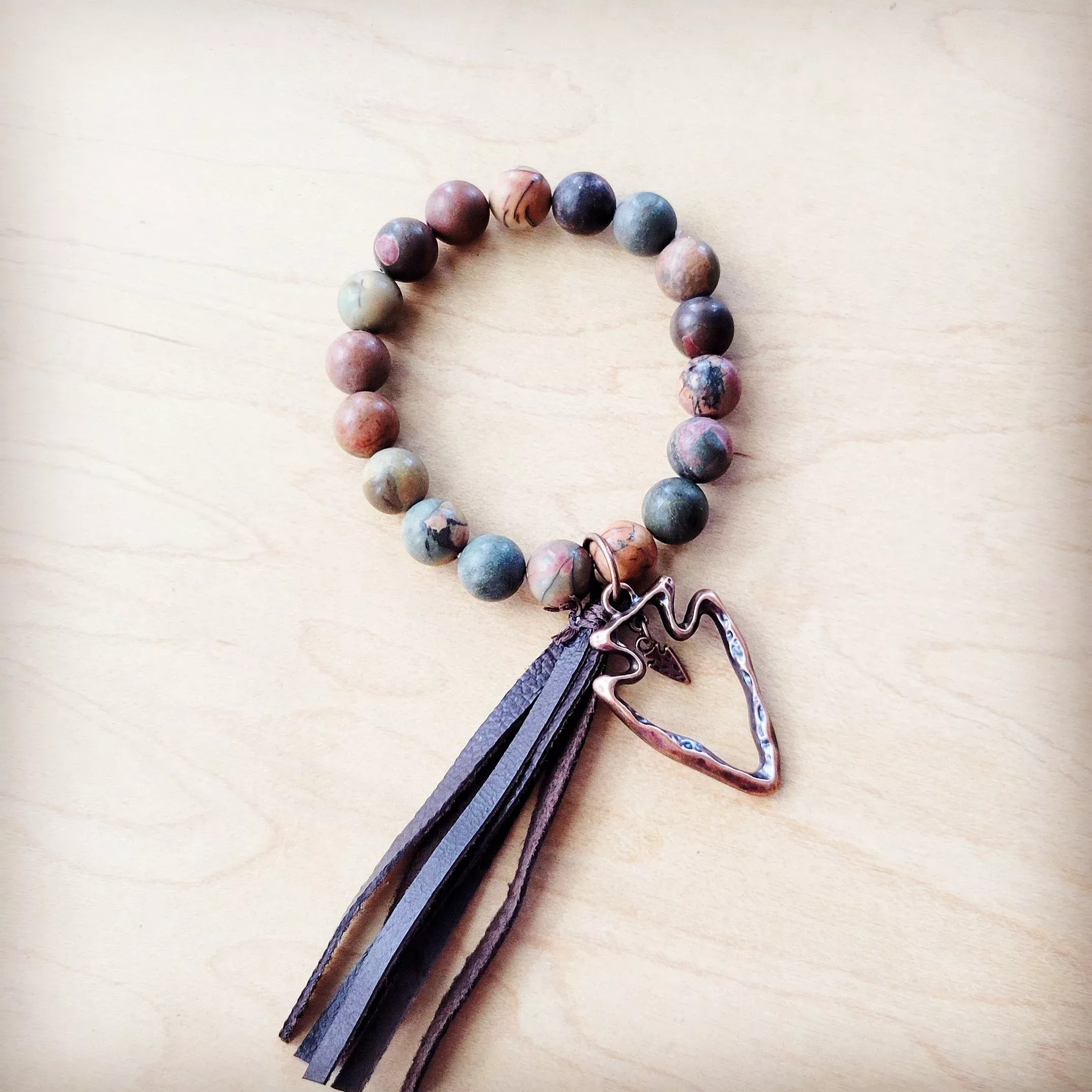 **Picasso Jasper Beaded Bracelet w / Leather Tassel and Arrowhead 810o