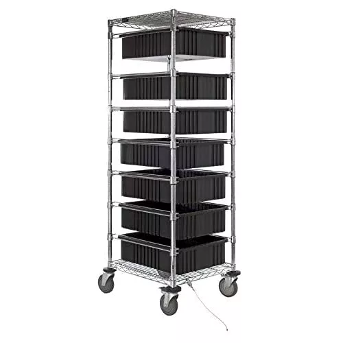 Quantum BC212469M1CO Chrome Mobile Bin Cart with (2) Wire Shelves and (7) Black Divider Bins (DG93060) for Healthcare Food Service and Industrial Applications | 21"W x 24"L x 69"H, Carbon Steel, NSF