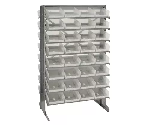 Quantum QPRD-107CL Double-Side Sloped Quickpick Cart | Mobile Storage Rack for Industrial Display | (64) QSB107 Clear Bins; (16) Shelves | 800 lbs Capacity, 24"L x 36"W x 60"H, Gray, Carbon Steel
