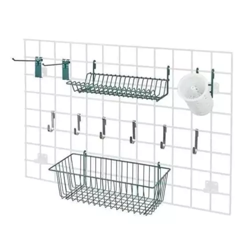 Quantum SG-A1 Green Epoxy Coated Industrial Store Grid Accessory with (1) SG-B1775P (1) SG-LH1384P (1) SG-CH (1) SG-CMBP (2) SG-HOOK6P and (6) SG-HOOKSM for Wire Shelf | 18"D x 36"H, Carbon Steel, NSF