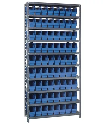 Quantum Storage Systems 1275-201BL Solid Heavy Duty 10 Shelves 72 STORE-MORE Blue Bins 75" H x 36" W x 12" D