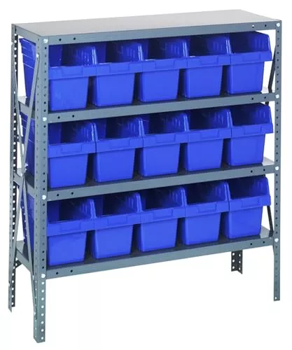 Quantum Storage Systems 1839-SB804BL Solid Heavy Duty 4 Shelves 15 STORE-MAX Blue Bins 39" H x 36" W x 18" D