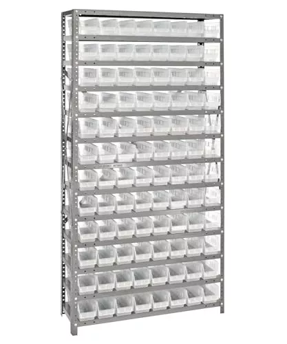 Quantum Storage Systems 1875-103CL Clear-View Sloped Shelving Unit with 4" Shelf Bins, 96 QSB103 Shelf Bins, 18" D x 36" W x 75" H