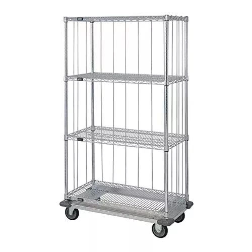 Quantum Storage Systems MD1848C47RE 4-Tier Wire Shelving Mobile Cart with 3-Sided Enclosure Using Rod and Tab, Dolly Base, Chrome Finish, 81" Height x 48" Width x 18" Depth