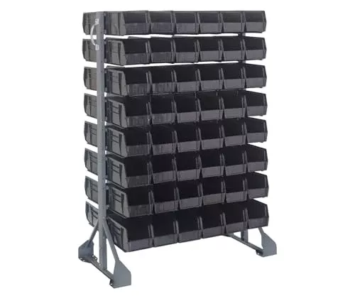 Quantum Storage Systems QRU-16D-230-96BK Solid Double Sided Rail Bins Racks 12 Shelves 96 Ultra Stack & Hang Black Bins 53" H x 36" W x 20" D