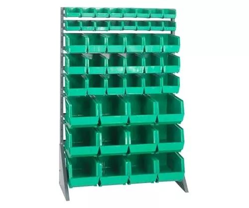 Quantum Storage Systems QRU-16S-220230240GN Solid Single Sided Rail Bins Racks 16 Shelves 46 Ultra Stack & Hang Green Bins 53" H x 36" W x 15" D